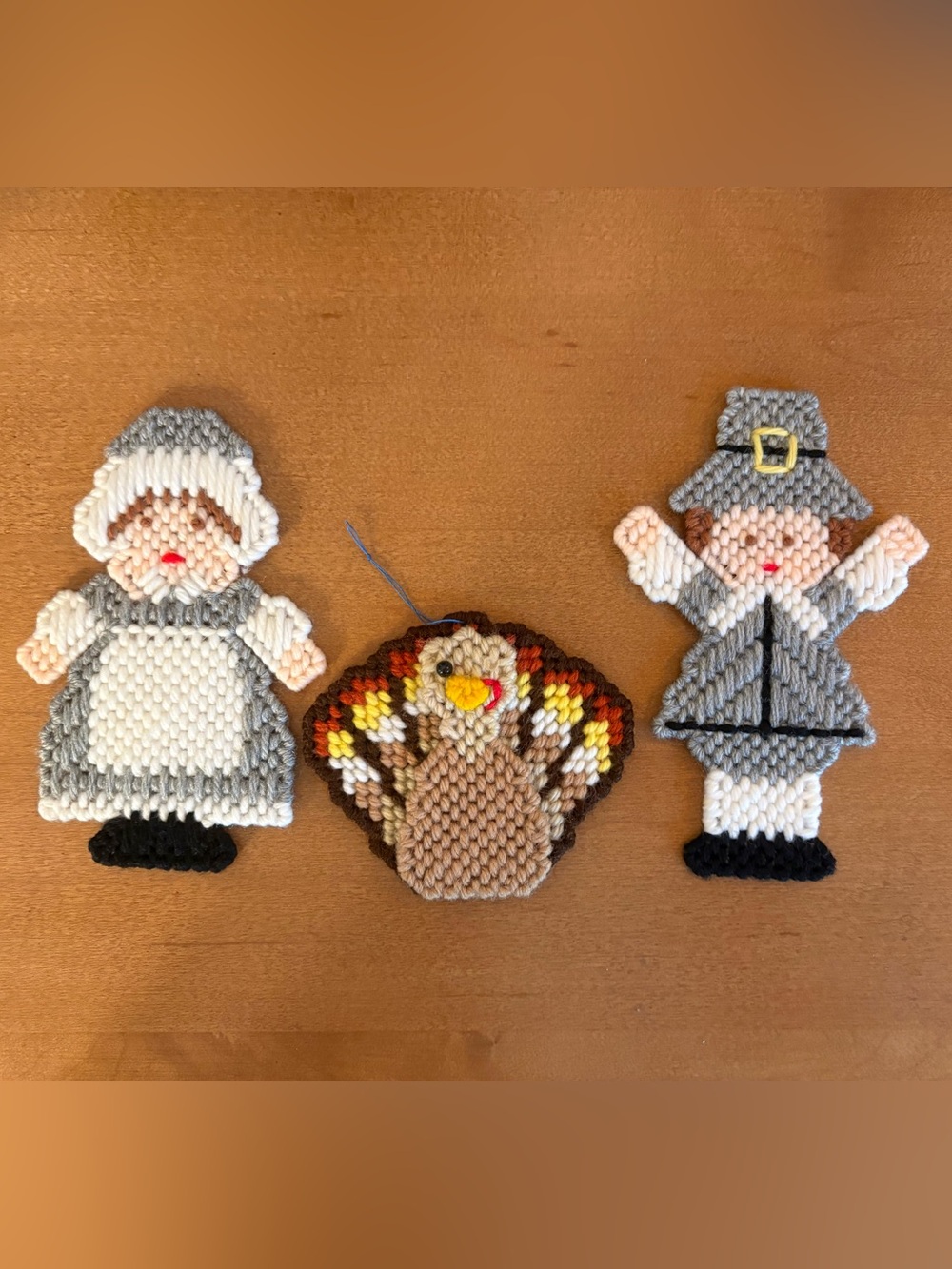 3 Vintage Thanksgiving Needlepoint Handmade Pilgrims & Turkey